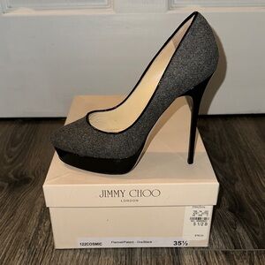 Jimmy Choo Black Patent and Gray Flannel Heels